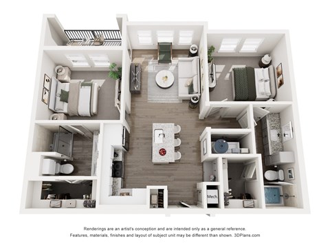 Floor plan for 2 beds, 2 baths, 962 sqft